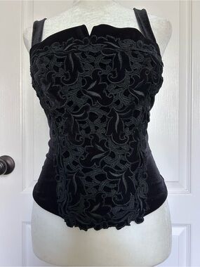 Flora Nikrooz Black Velvet Corset Top Gothic Glam Lace Medium